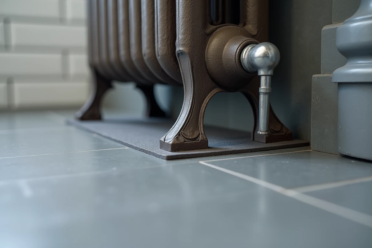 Gros plan d'un pied de radiateur fonte posé sur une cale isolante en caoutchouc sur carrelage de sol chauffant dans une salle de bain