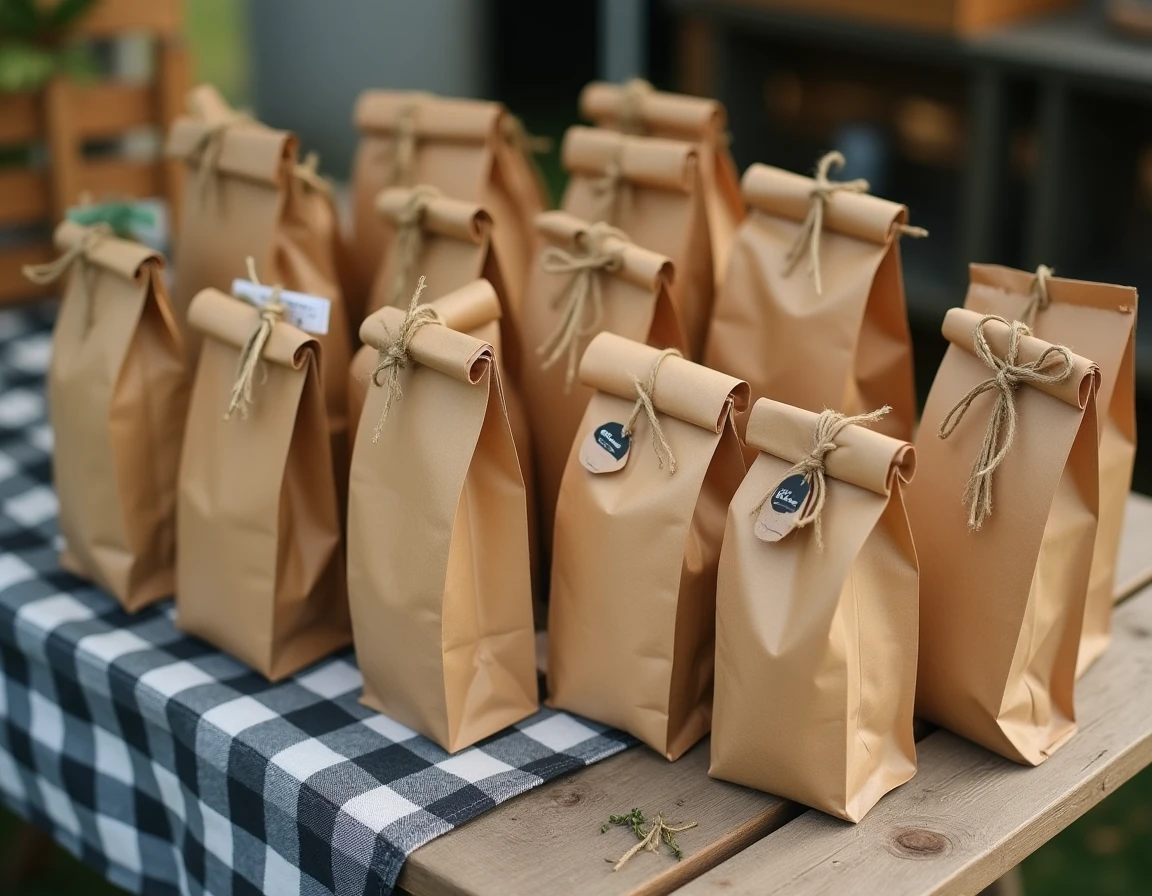 Gros plan sur des petits sacs en kraft remplis d'herbes séchées et fermés avec de la ficelle naturelle sur une table de marché en bois