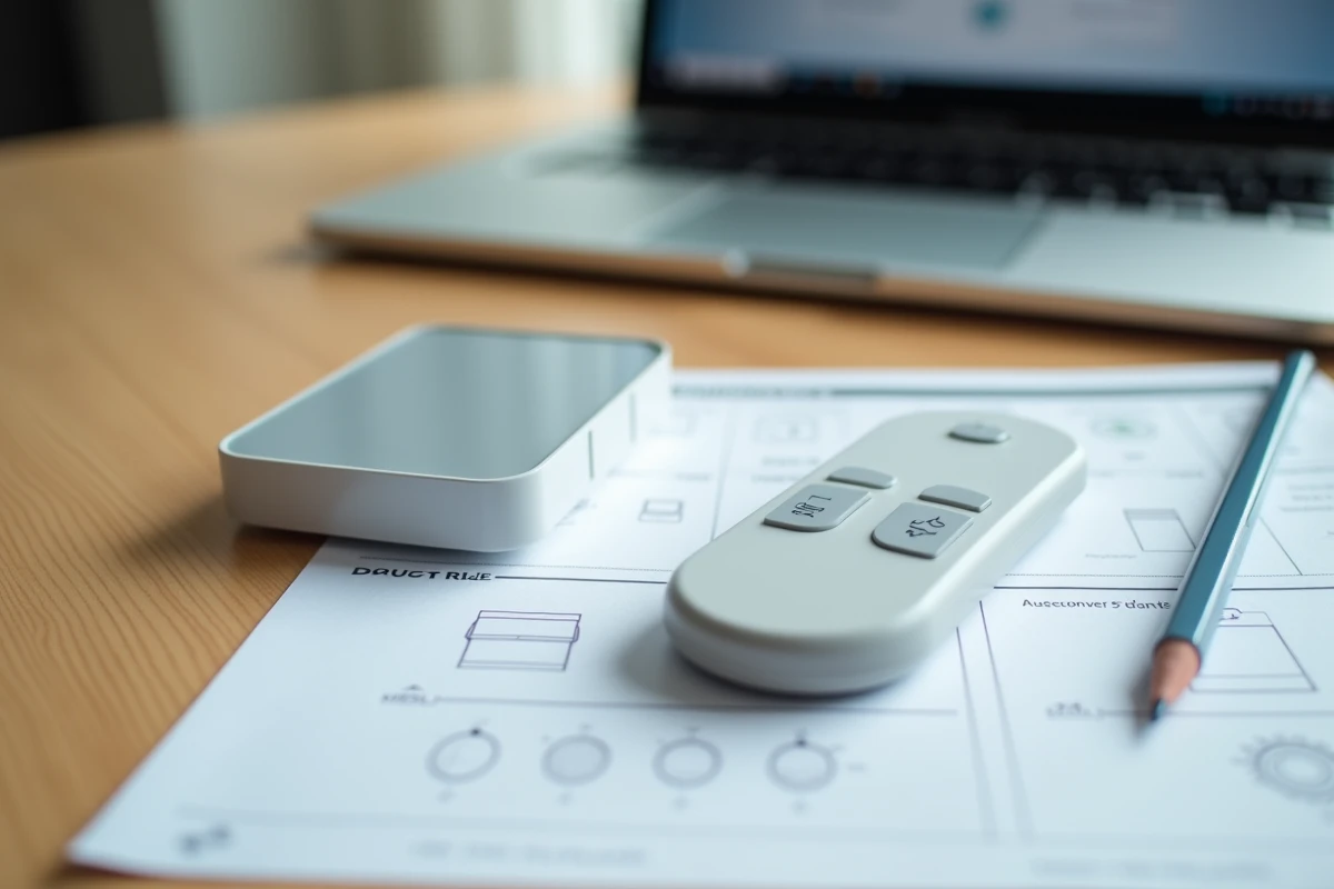 Gros plan sur une télécommande Somfy RTS posée sur un bureau avec un manuel de programmation pour centraliser les volets roulants
