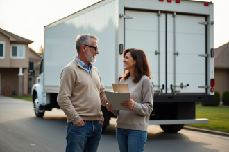 Couple souriant devant un grand camion de déménagement
