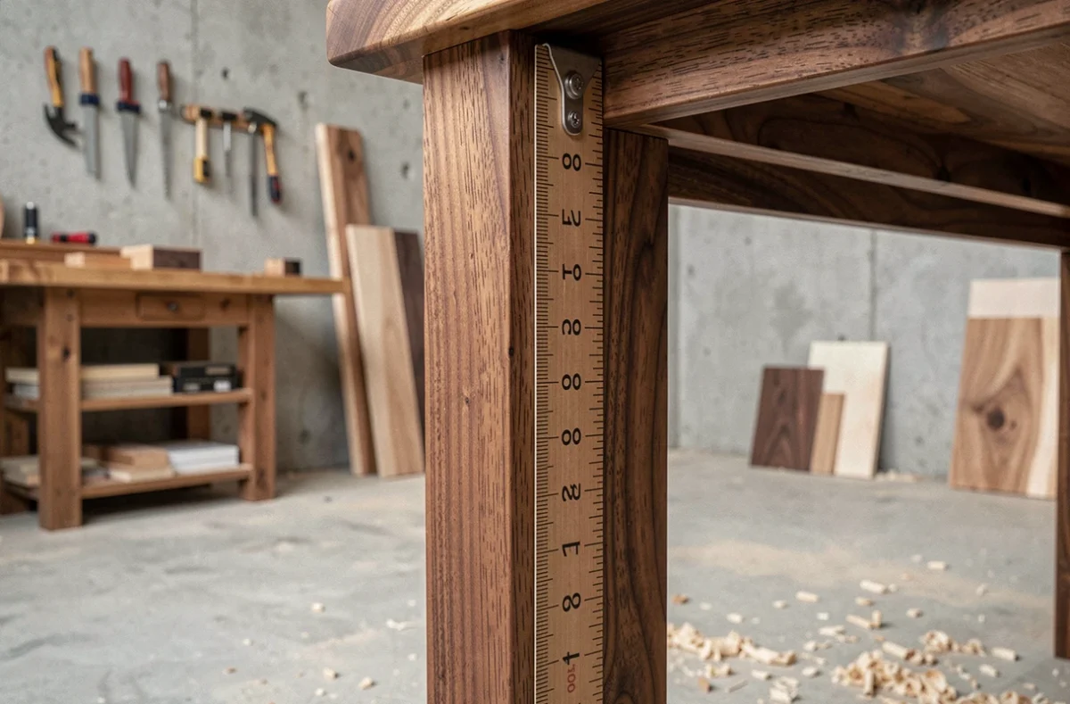 Détail mesurage hauteur table bar en bois noyer artisanale avec règle dans atelier menuiserie