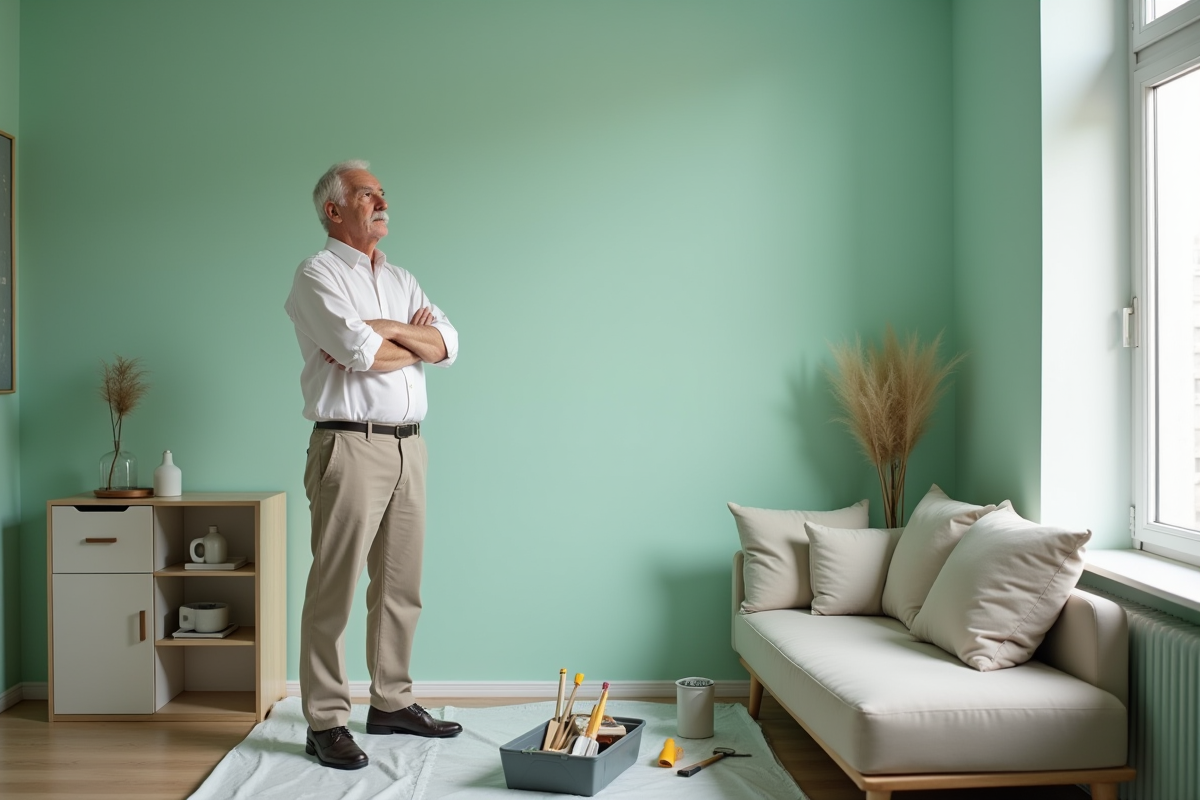 Homme observant un mur vert pastel dans un petit appartement
