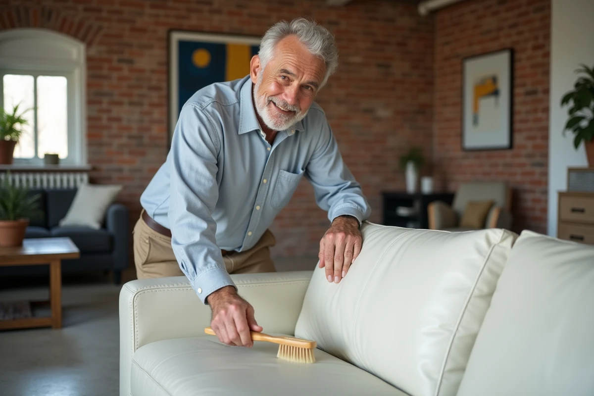 Homme appliquant du conditionneur sur un canapé en cuir blanc