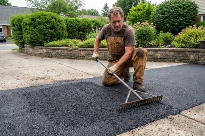 Homme en salopette travaillant sur l'asphalte neuf dans une cour