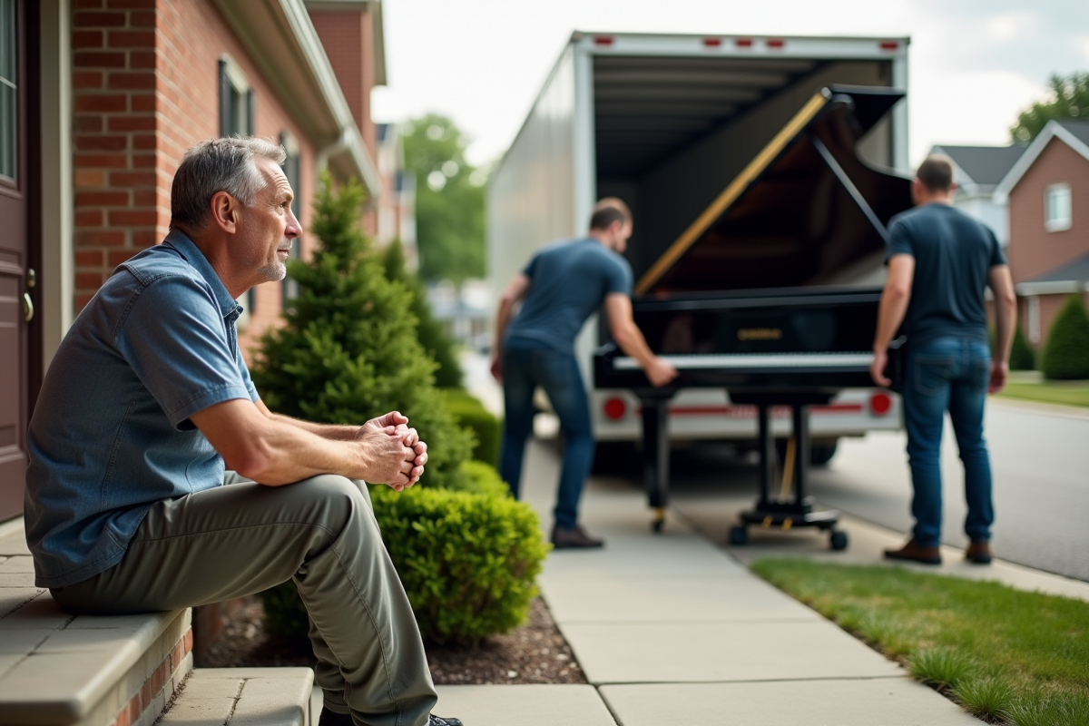 Un homme regarde anxieusement un déménagement de piano devant sa maison