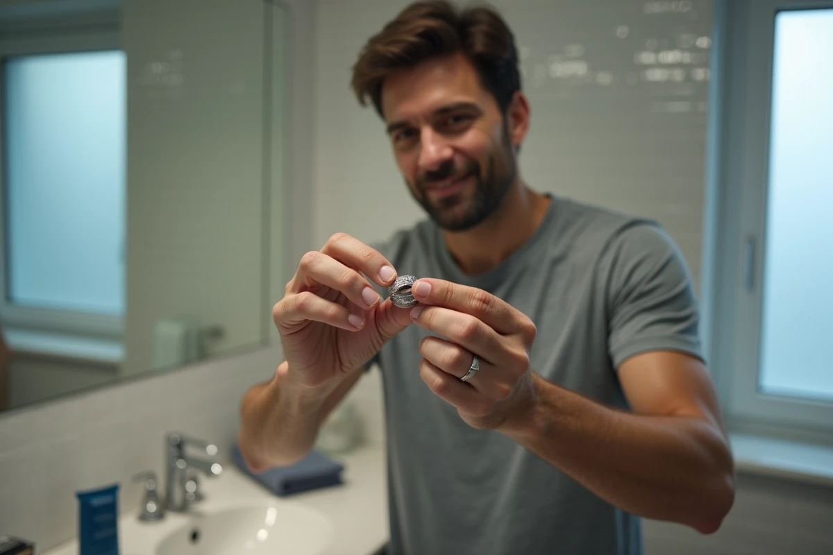 Homme tenant une bague en argent nettoyée et brillante entre ses doigts dans une salle de bain avec un chiffon en microfibre et du dentifrice sur le bord du lavabo