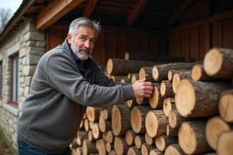 Homme d'âge moyen empilant du bois dans un abri de jardin