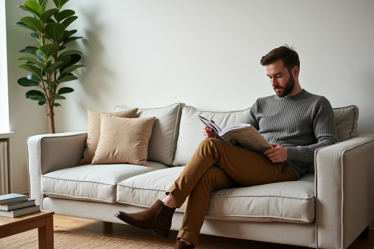 Homme en pull en laine Callmespring lisant un magazine dans un salon scandinave contemporain et bien décoré