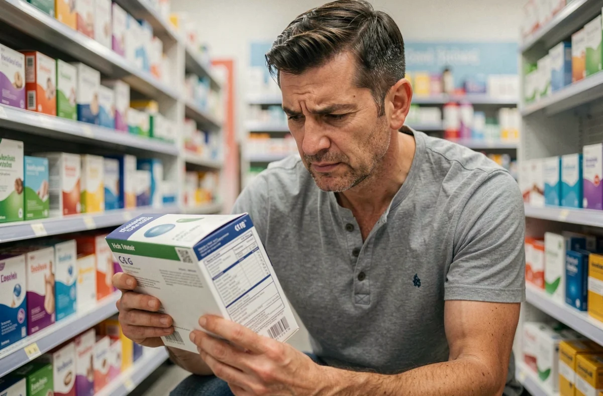 Homme lisant attentivement les critères d'une gourde chauffante en rayon de pharmacie avant de faire son choix