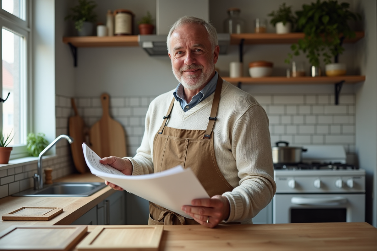 Homme en cuisine consultant un catalogue et un calculateur