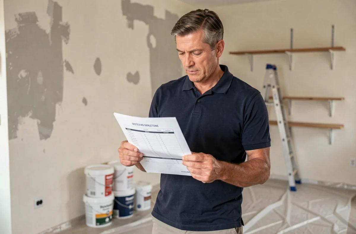Homme examinant un devis imprimé de travaux de rénovation dans un salon en cours de chantier