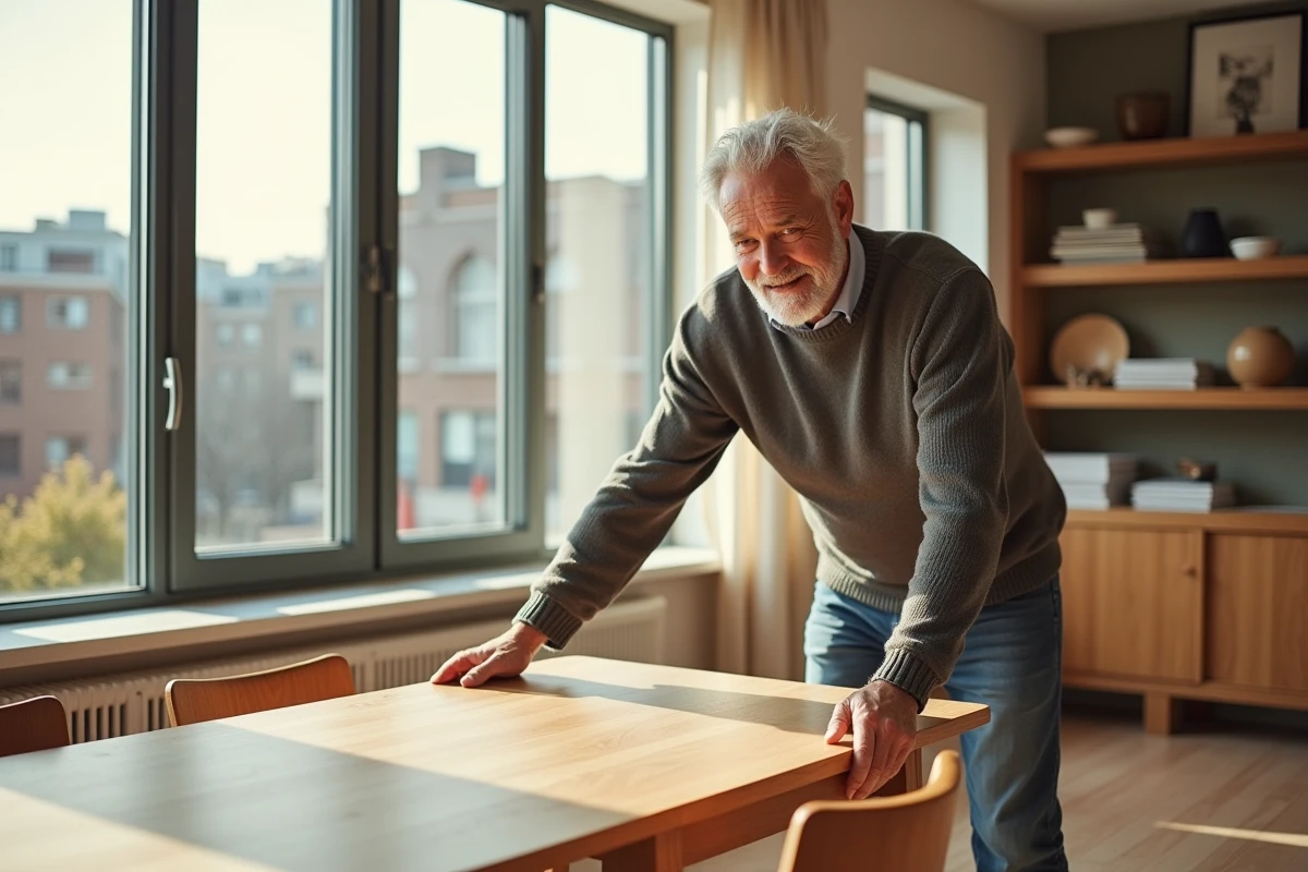 Homme âgé inspectant une table à manger neuve