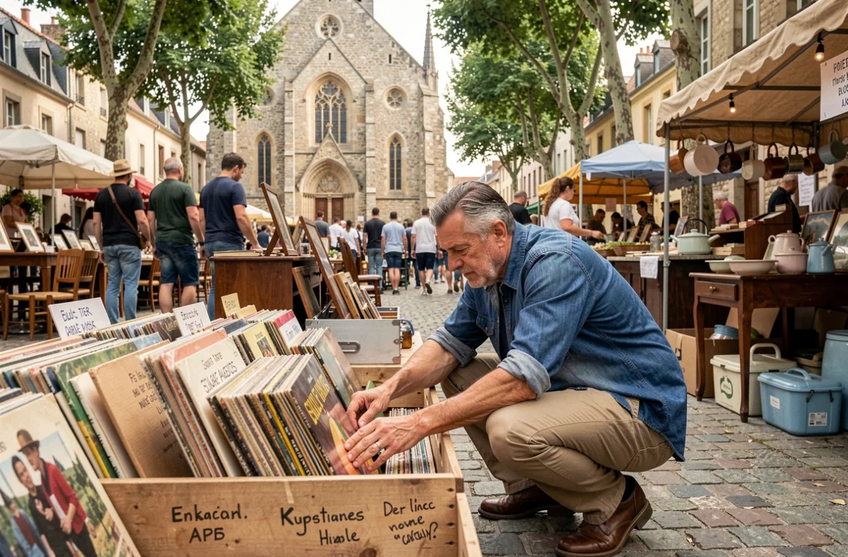Homme fouillant des disques vinyles dans un vide-grenier en place de village dans le 78