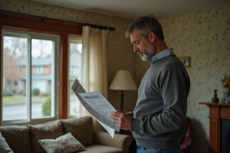 Homme d'âge moyen étudiant des documents sur l'efficacité énergétique