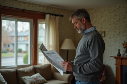 Homme d'âge moyen étudiant des documents sur l'efficacité énergétique