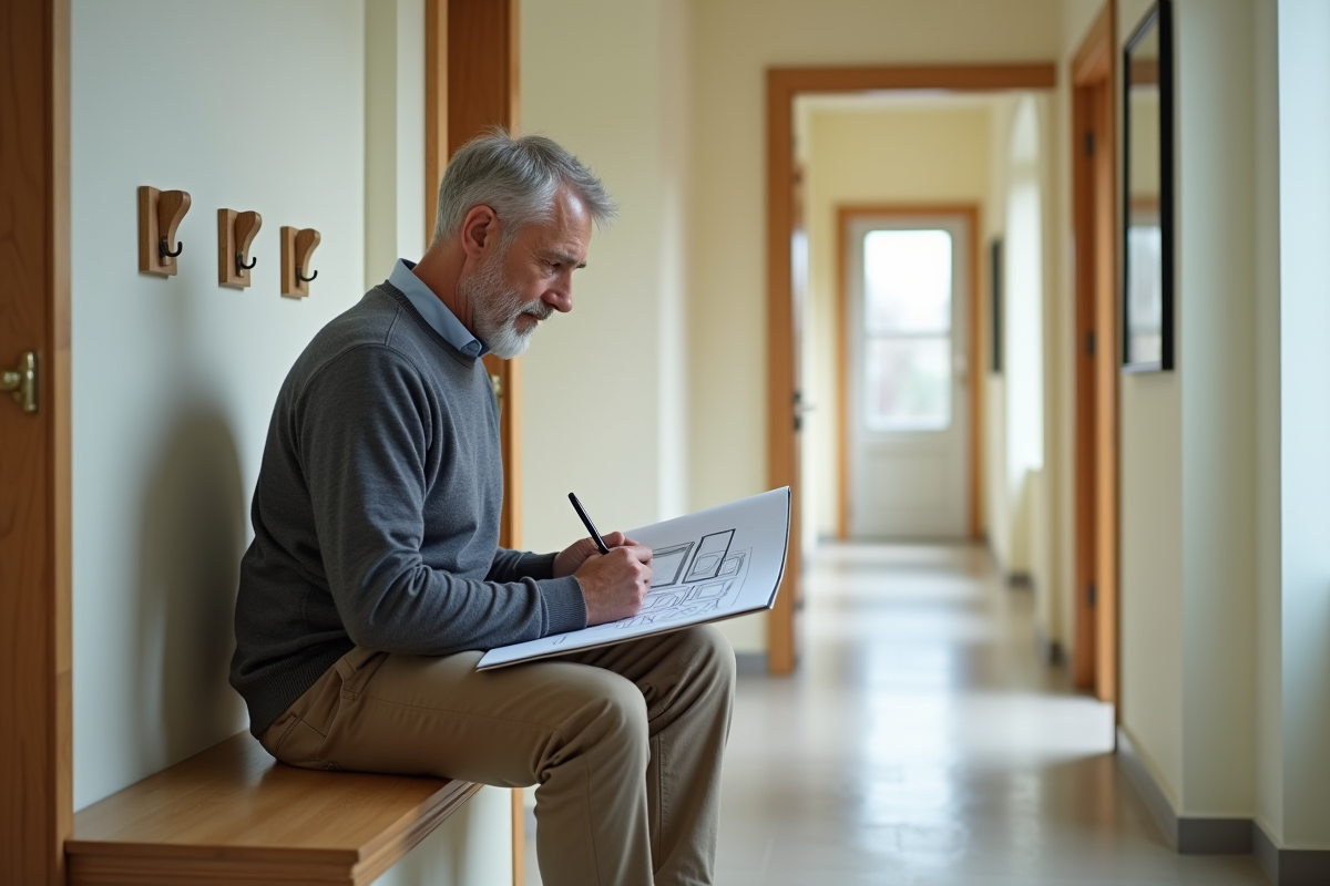 Homme esquisse des arrangements pour cadres dans un couloir
