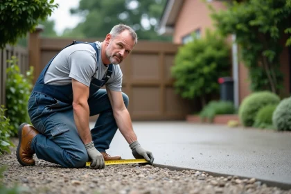 Hommes en tenue de travail inspectant une dalle en béton exposé