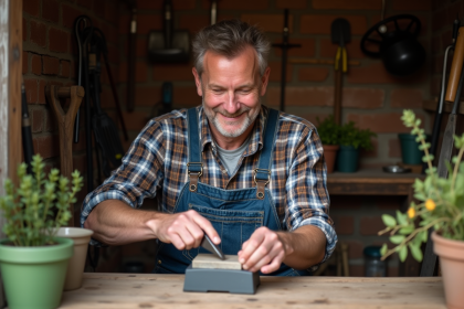Homme en salopette affutant un outil de jardinage