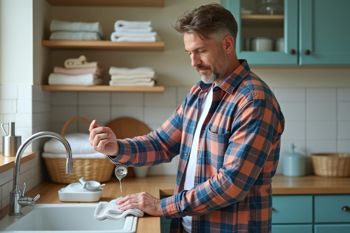 Homme versant du bicarbonate sur tache de fruit sur vêtement