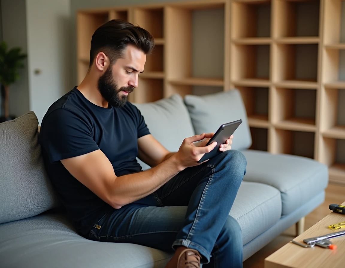 Homme lisant un abonnement numérique à un magazine de bricolage sur tablette dans un salon moderne