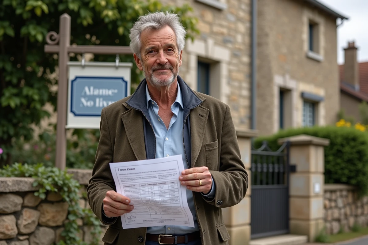 Homme devant panneau immobilier dans un village français