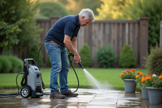 Homme utilisant un nettoyeur haute pression sur un patio en pierre