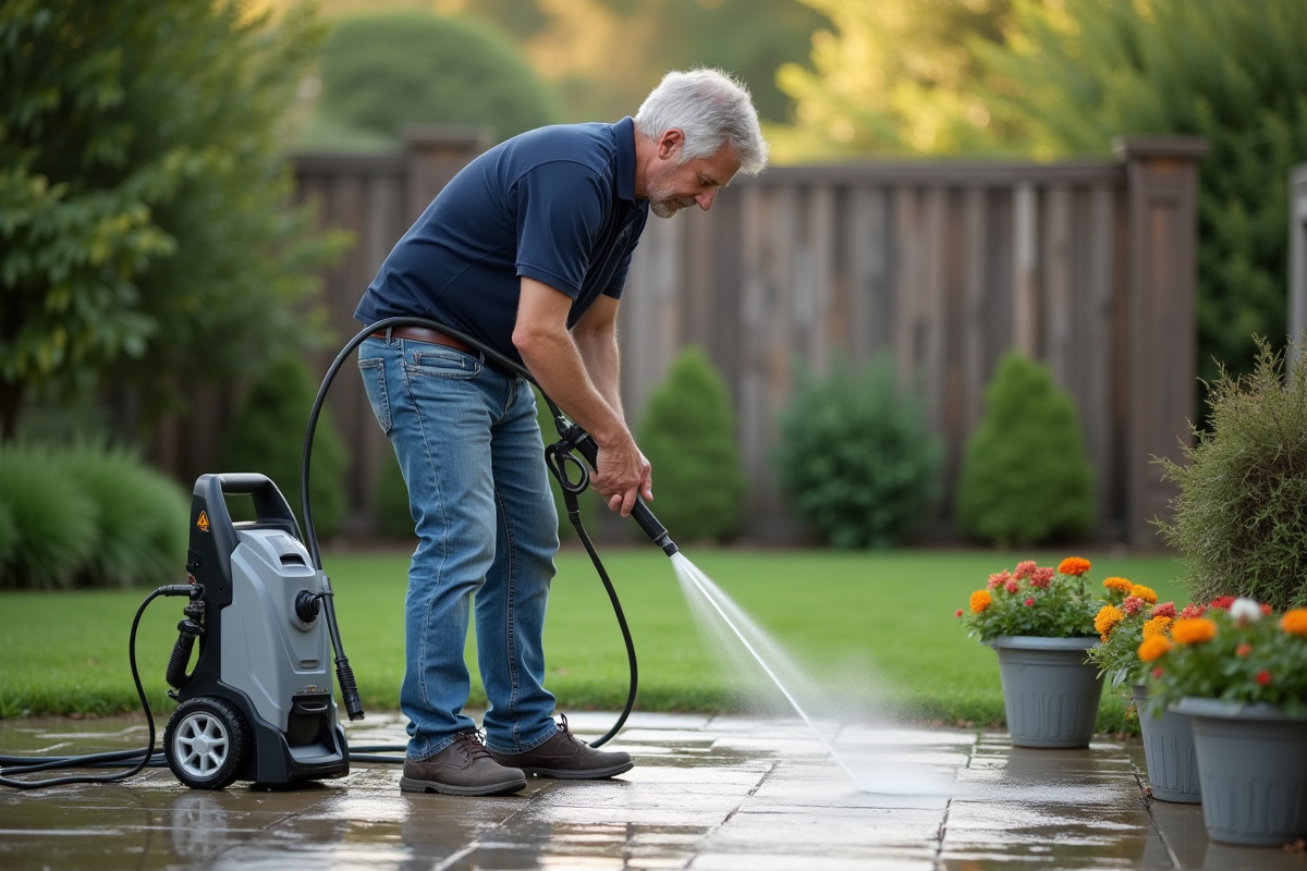 Homme utilisant un nettoyeur haute pression sur un patio en pierre