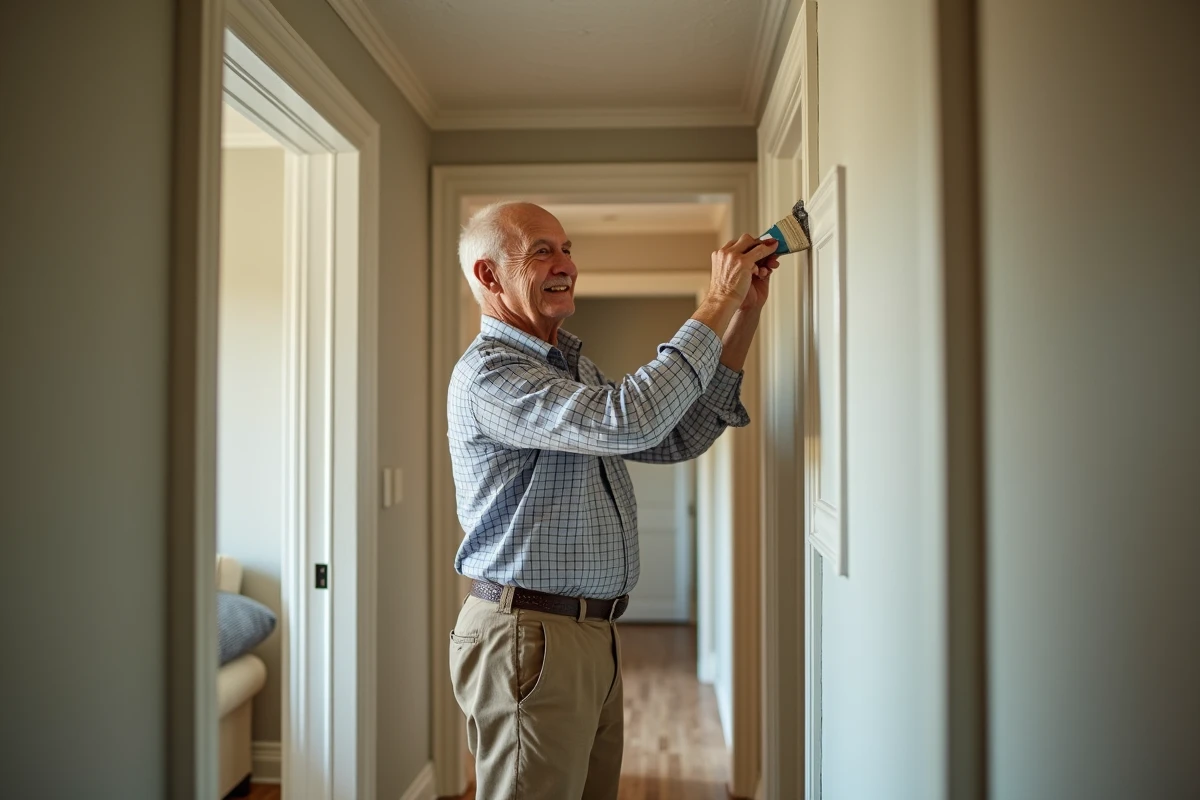 Homme peinturant la moulure dans un couloir ancien