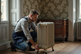 Homme d'âge moyen examinant un radiateur ancien dans un appartement parisien