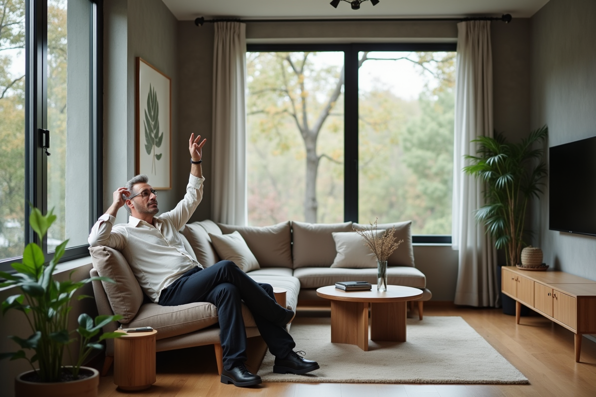 Homme assis détendu dans un salon lumineux et minimaliste