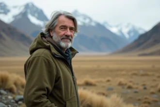 Homme aux cheveux gris en veste polaire devant les paysages sauvages de Patagonie, incarnant un retour à l'essentiel loin du monde du spectacle
