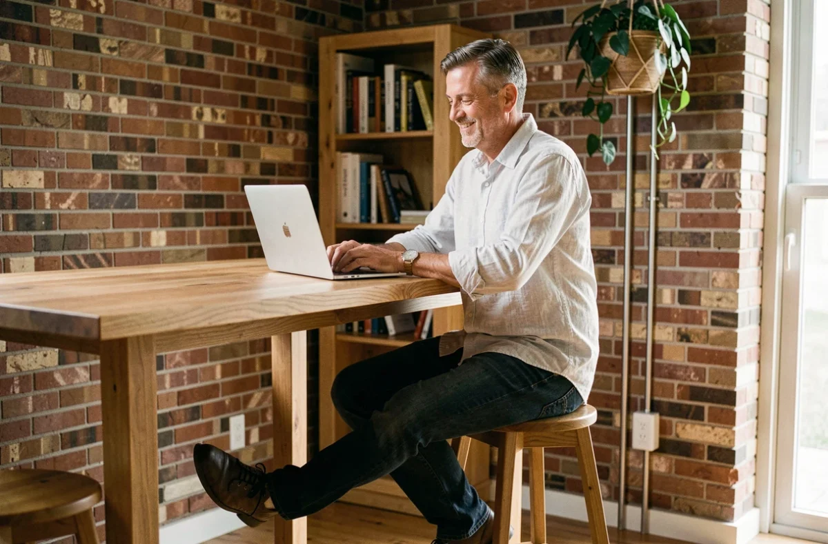 Homme assis confortablement à une table bar en bois haute avec tabouret ergonomique en télétravail