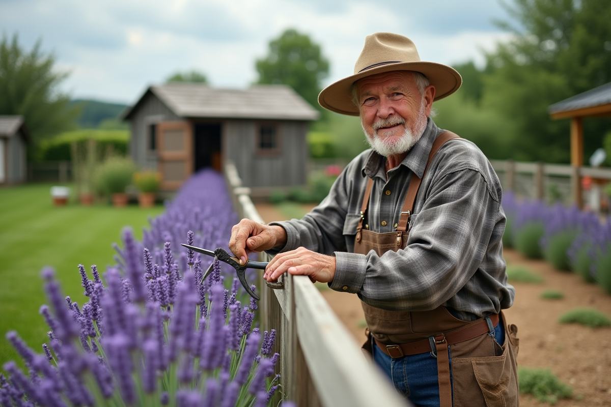Homme âgé en chemise à carreaux taillant la lavande