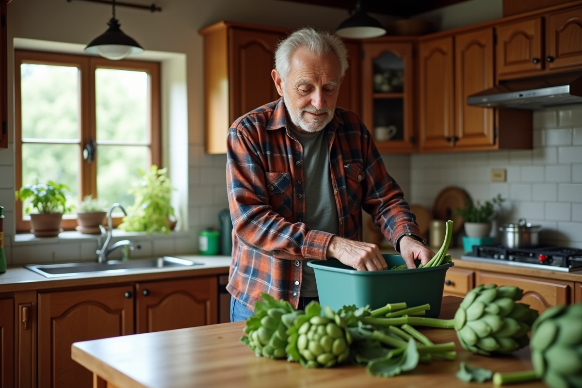 Homme triant des feuilles d artichaut dans la cuisine