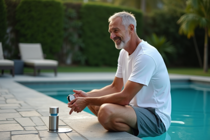 Homme d'âge moyen vérifiant un testeur d'eau saline au bord de la piscine