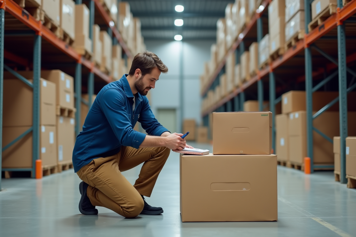 Jeune homme vérifiant des cartons dans un entrepôt