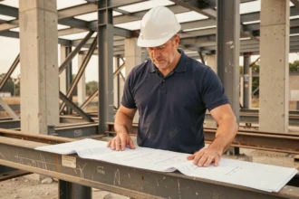 Ingénieur en bâtiment analysant les plans de calcul de charge d'un IPN métallique sur un chantier de construction