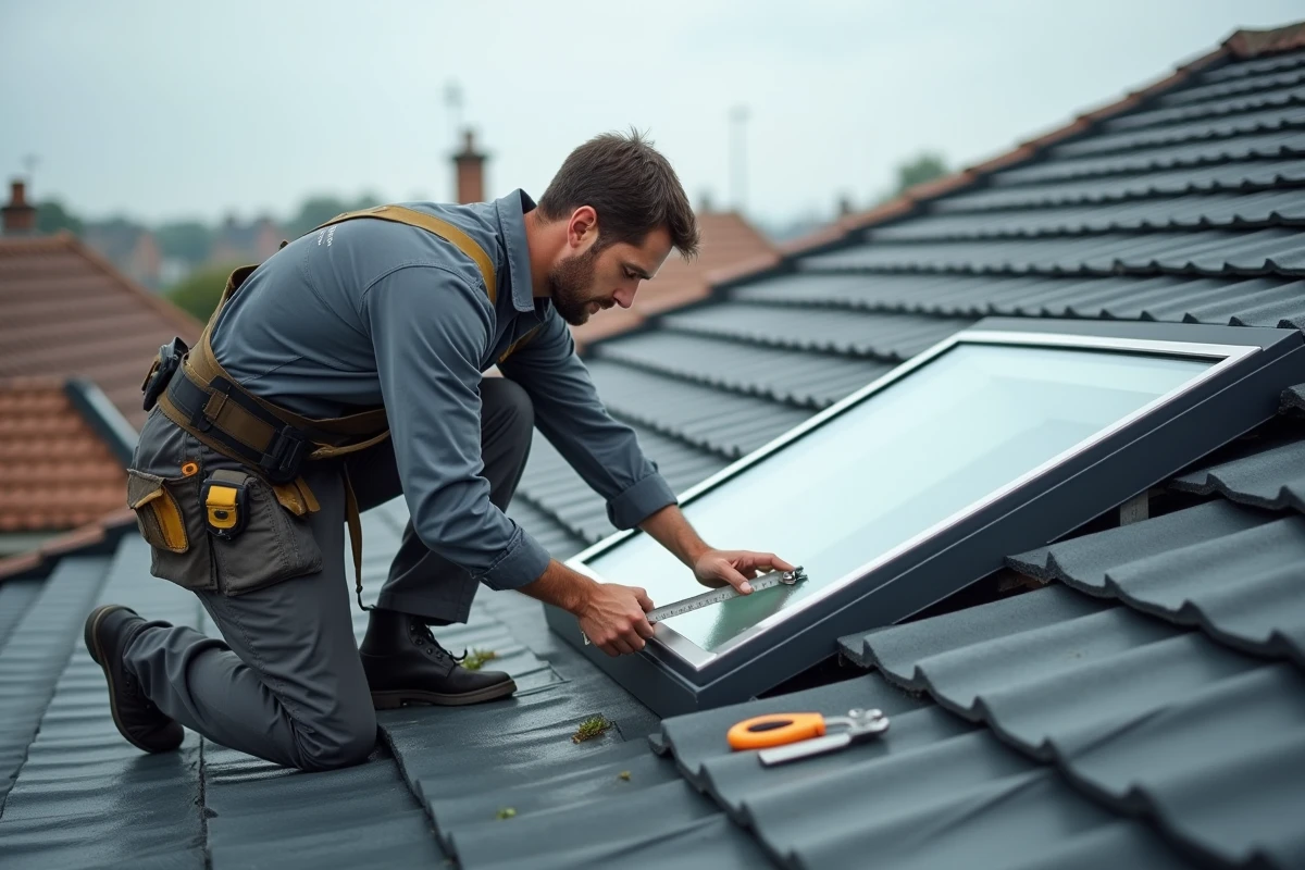 Installateur mesurant une fenêtre de toit VELUX sur une toiture en tuiles pour déterminer la taille idéale dans une chambre sous combles