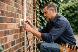 Électricien installant un câble coaxial TV sur une façade extérieure en brique avec conduit mural blanc