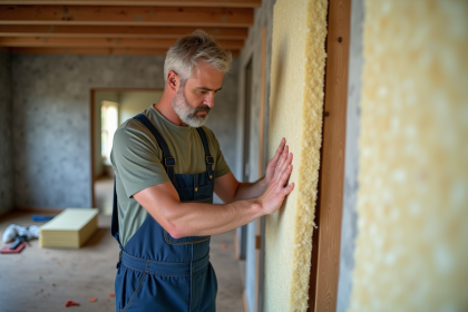 Homme en overalls posant une laine mineral sur un mur intérieur