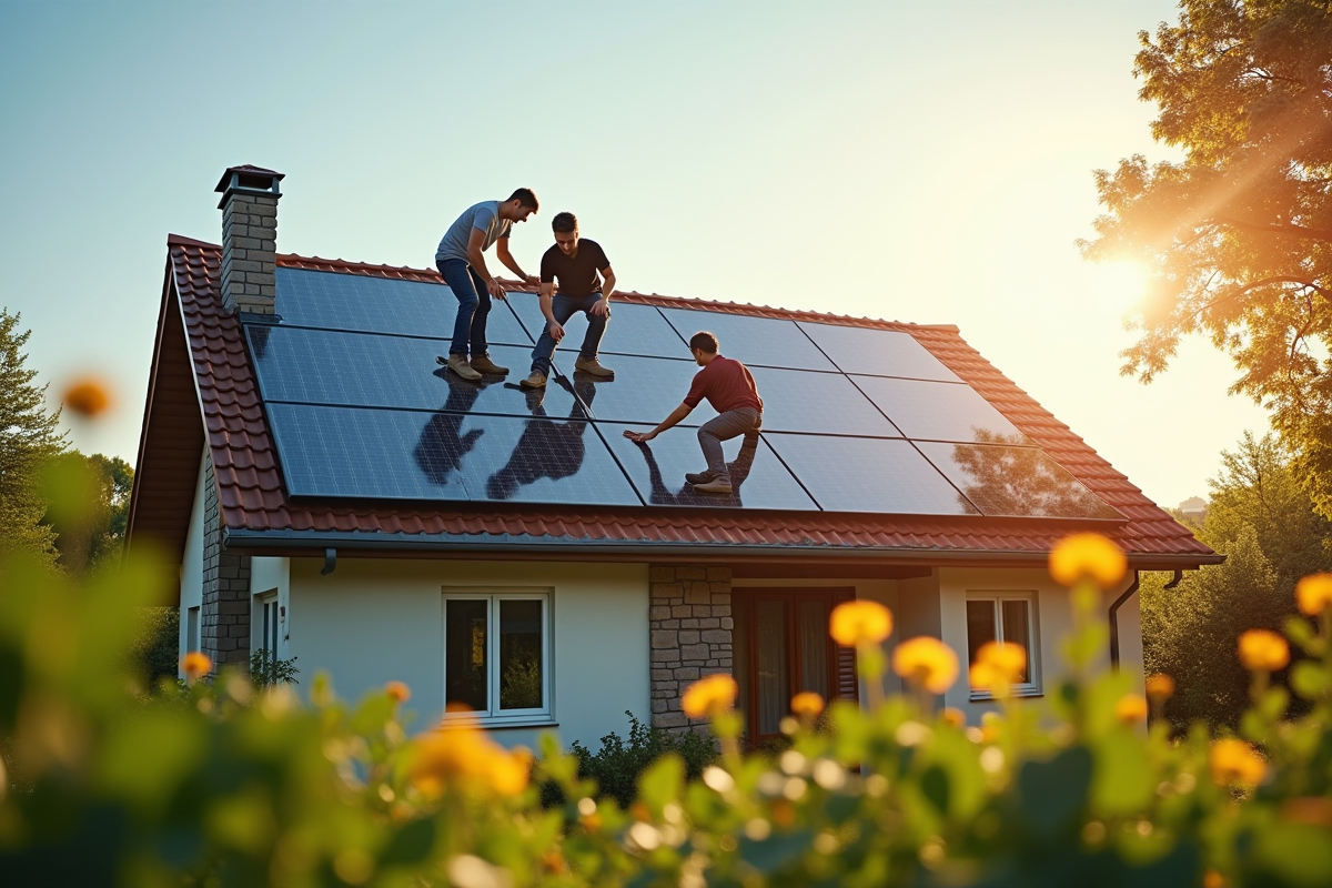 Famille installant des panneaux solaires sur le toit