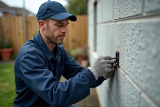 Électricien installant une prise électrique extérieure étanche sur un mur de jardin en crépi