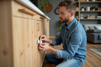 Homme posant une serrure de sécurité sur une armoire en bois