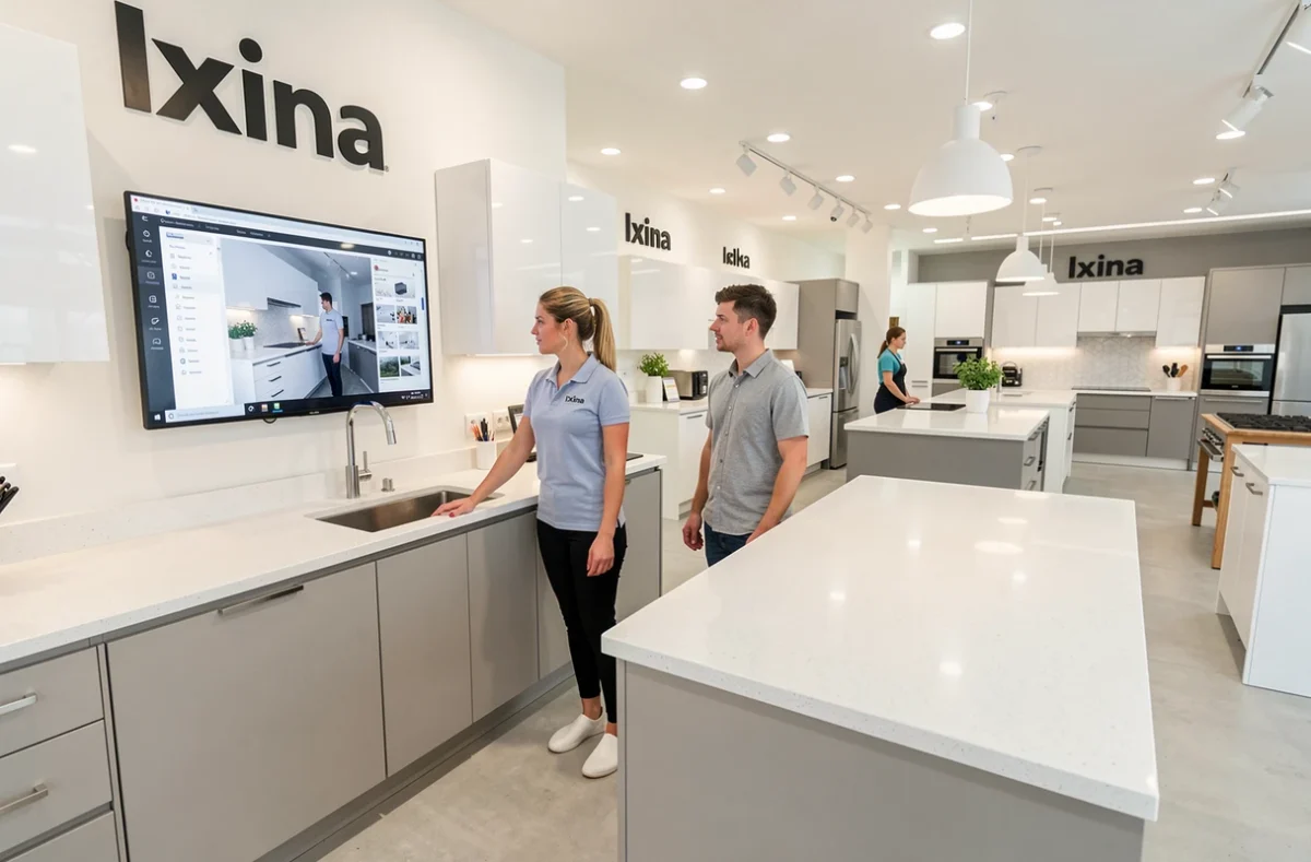 Showroom Ixina Saint-Jean-de-Védas avec cuisine blanche et grise et une conseillère guidant un couple devant un écran de planification