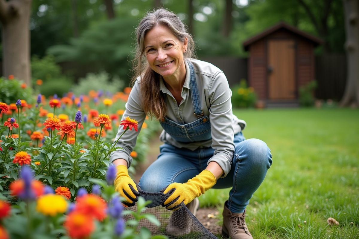 Femme au jardin posant une clôture autour des fleurs colorées