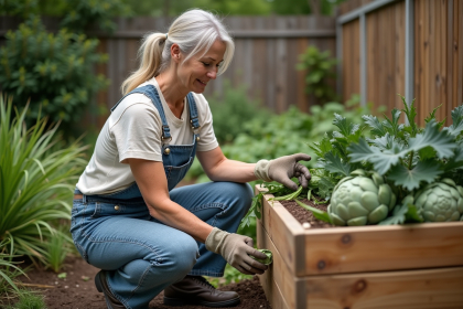 Femme jardinant ajoutant des feuilles d artichaut au compost