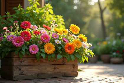 Jardiniere en bois avec fleurs colorées en plein soleil