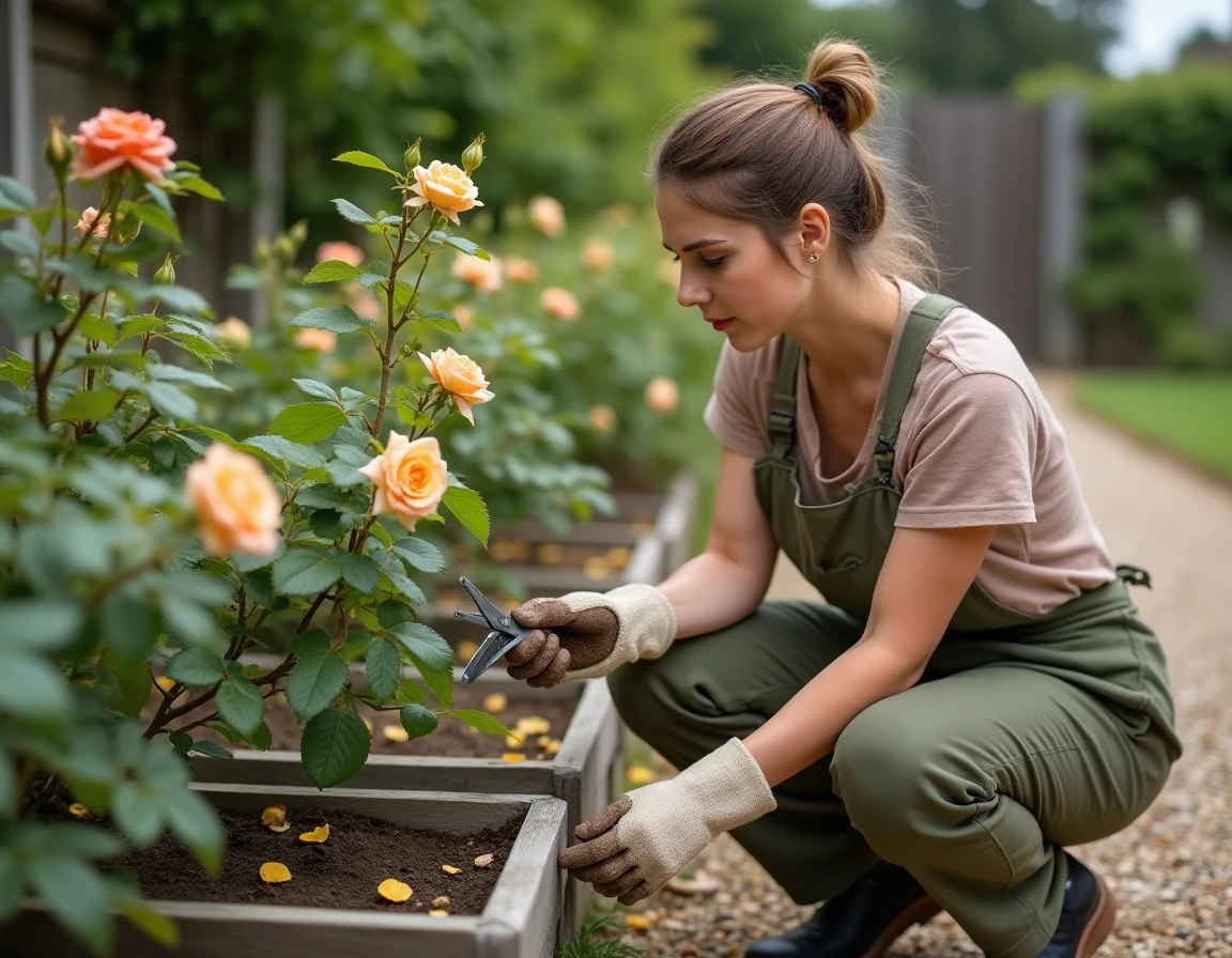 Jardinière en tablier examinant les feuilles malades d'un rosier Belle et la Bête dans un jardin, illustrant les erreurs fréquentes d'entretien