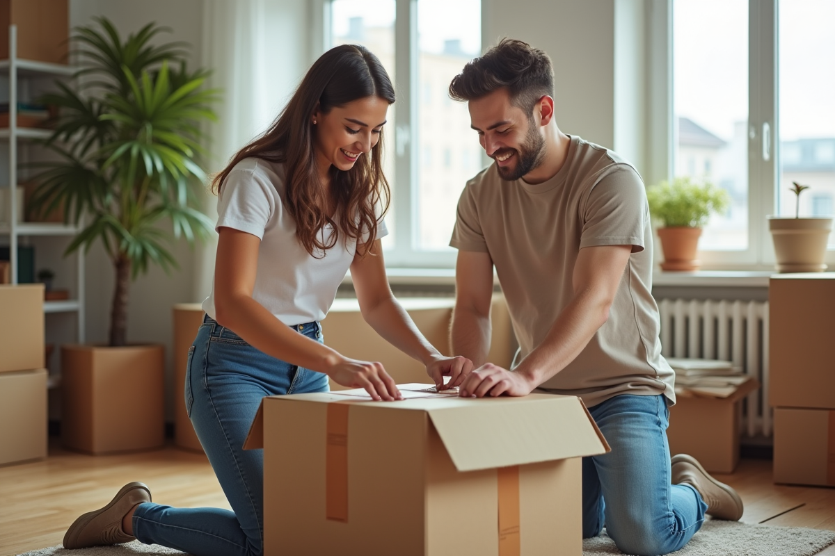Jeune couple emballant une box dans leur salon lumineux