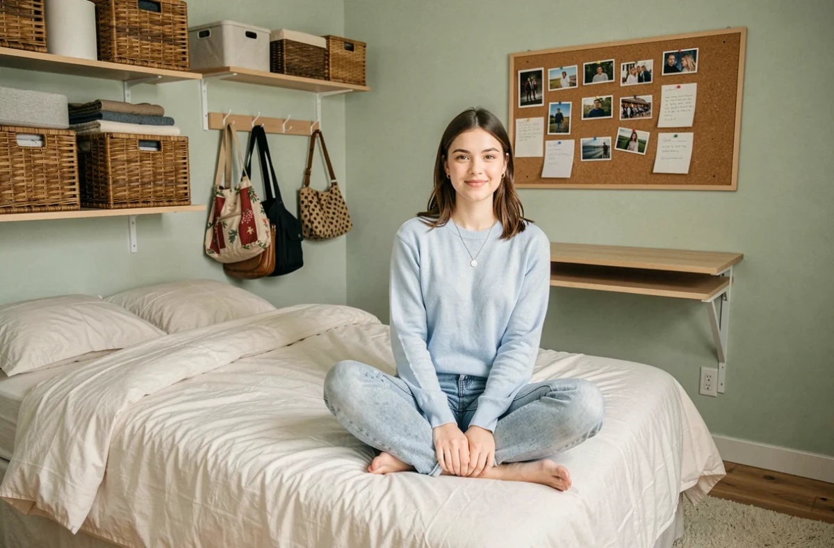 Jeune femme aménageant sa chambre de colocation avec des solutions de rangement créatives dans un espace réduit